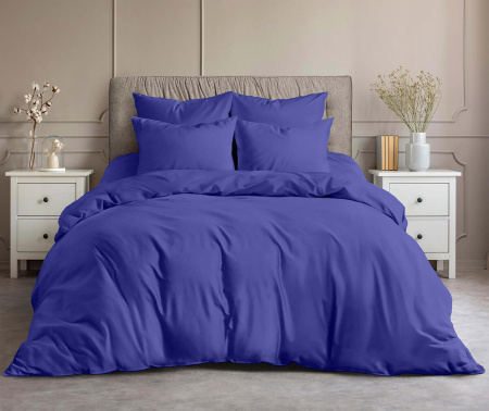 Однотонное синее постельное белье с простыней на резинке 1
