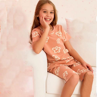 Хлопковая пижама детская Misenza с бриджами, персиковая